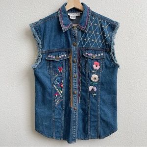 Vintage 90s Navy Denim Custom Reworked Floral Stitchwork Retro Button Up Vest